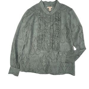 J Crew Silk Ruffle Front Paisley Long Sleeve Blouse Women Size 8 Blue